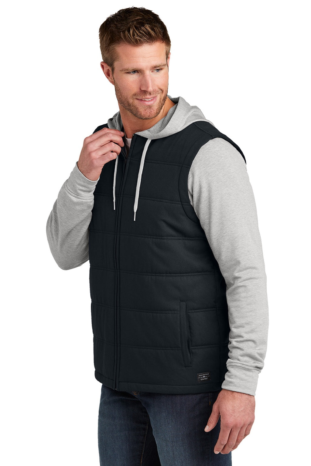 TravisMathew TM1MZ336 Mens Tides Up Wrinkle Resistant Full Zip Hooded Jacket Black/Heather Grey Model Side