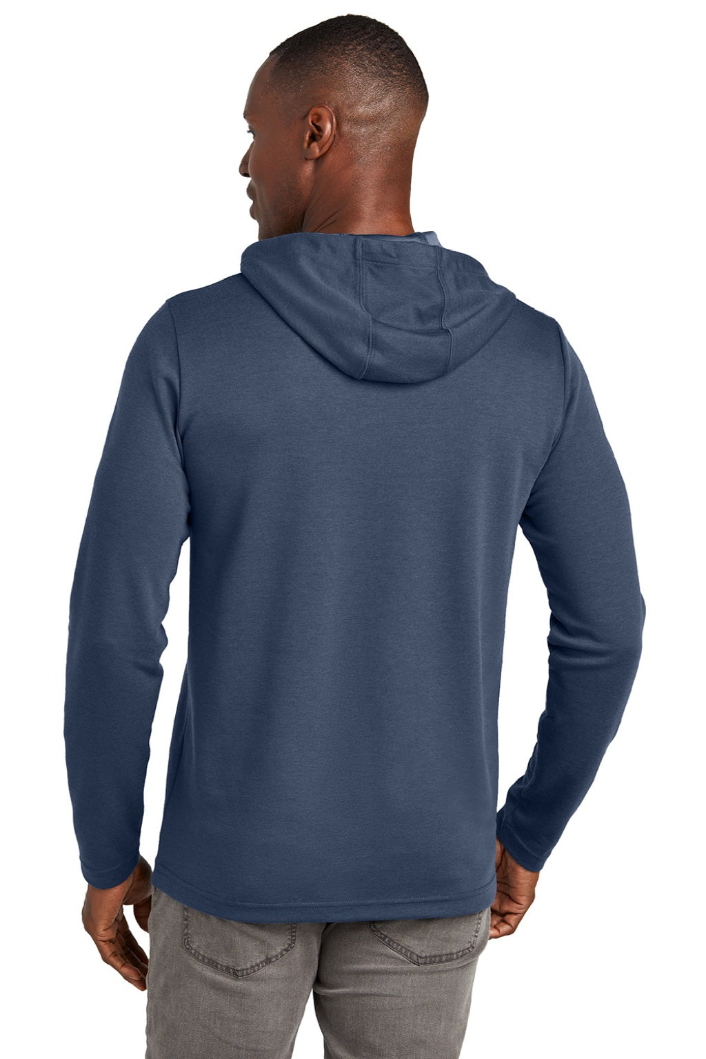 TravisMathew TM1MZ337 Mens Coveside Wrinkle Resistant Hooded Sweatshirt Hoodie w/ Pouch Pocket Night Blue Model Back
