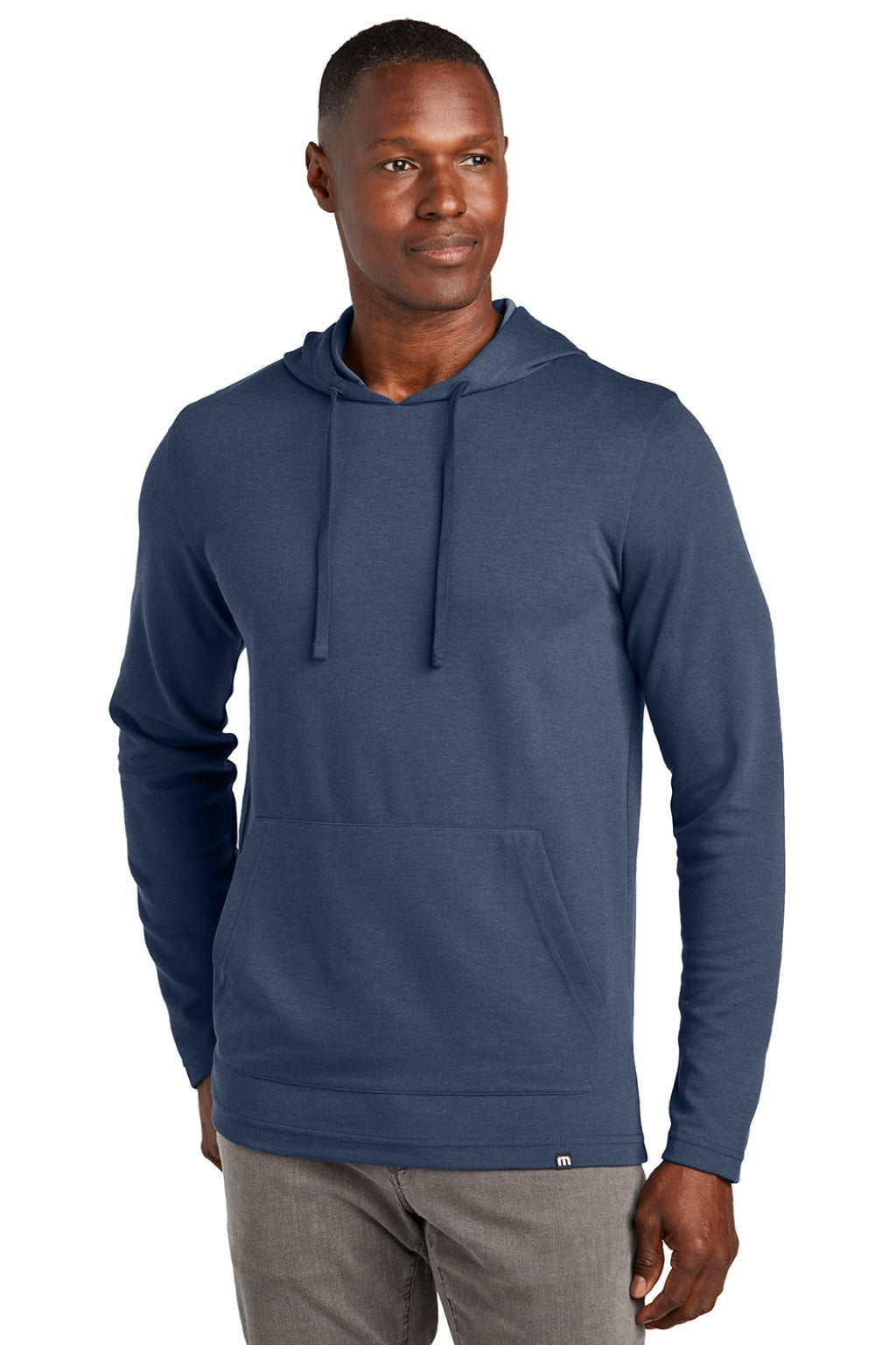 TravisMathew TM1MZ337 Mens Coveside Wrinkle Resistant Hooded Sweatshirt Hoodie w/ Pouch Pocket Night Blue Model Front
