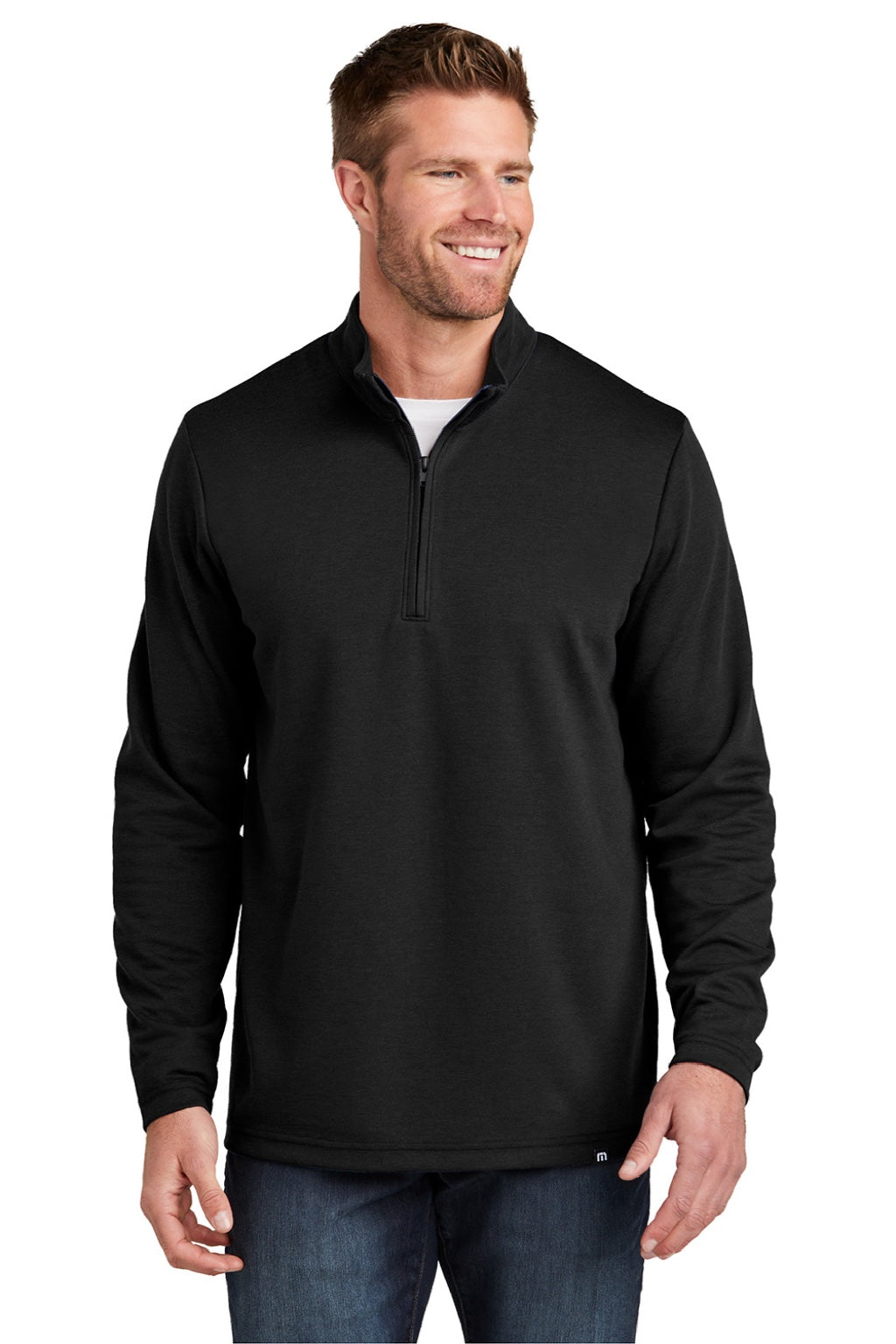 TravisMathew TM1MZ339 Mens Coveside Wrinkle Resistant 1/4 Zip Sweatshirt Black Model Front