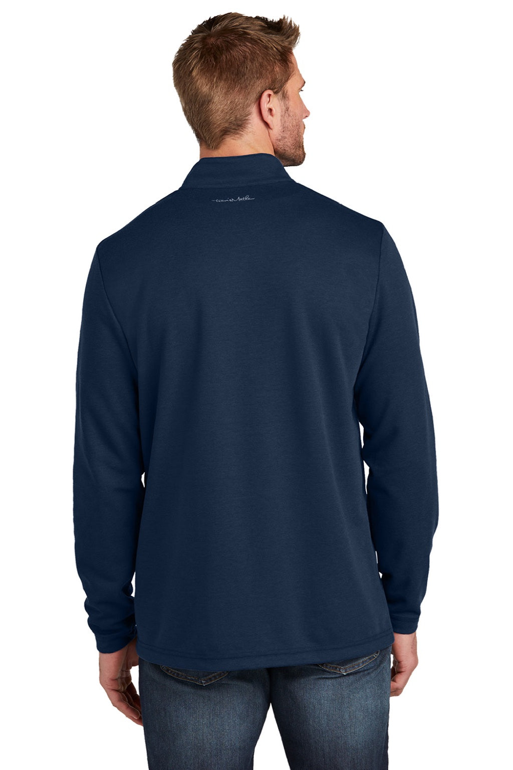 TravisMathew TM1MZ339 Mens Coveside Wrinkle Resistant 1/4 Zip Sweatshirt Night Blue Model Back
