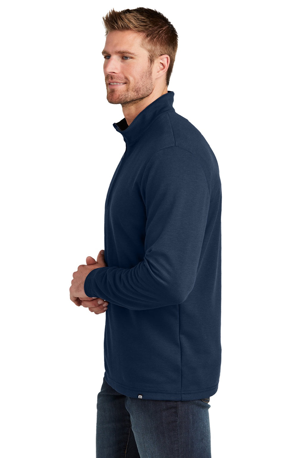 TravisMathew TM1MZ339 Mens Coveside Wrinkle Resistant 1/4 Zip Sweatshirt Night Blue Model Side