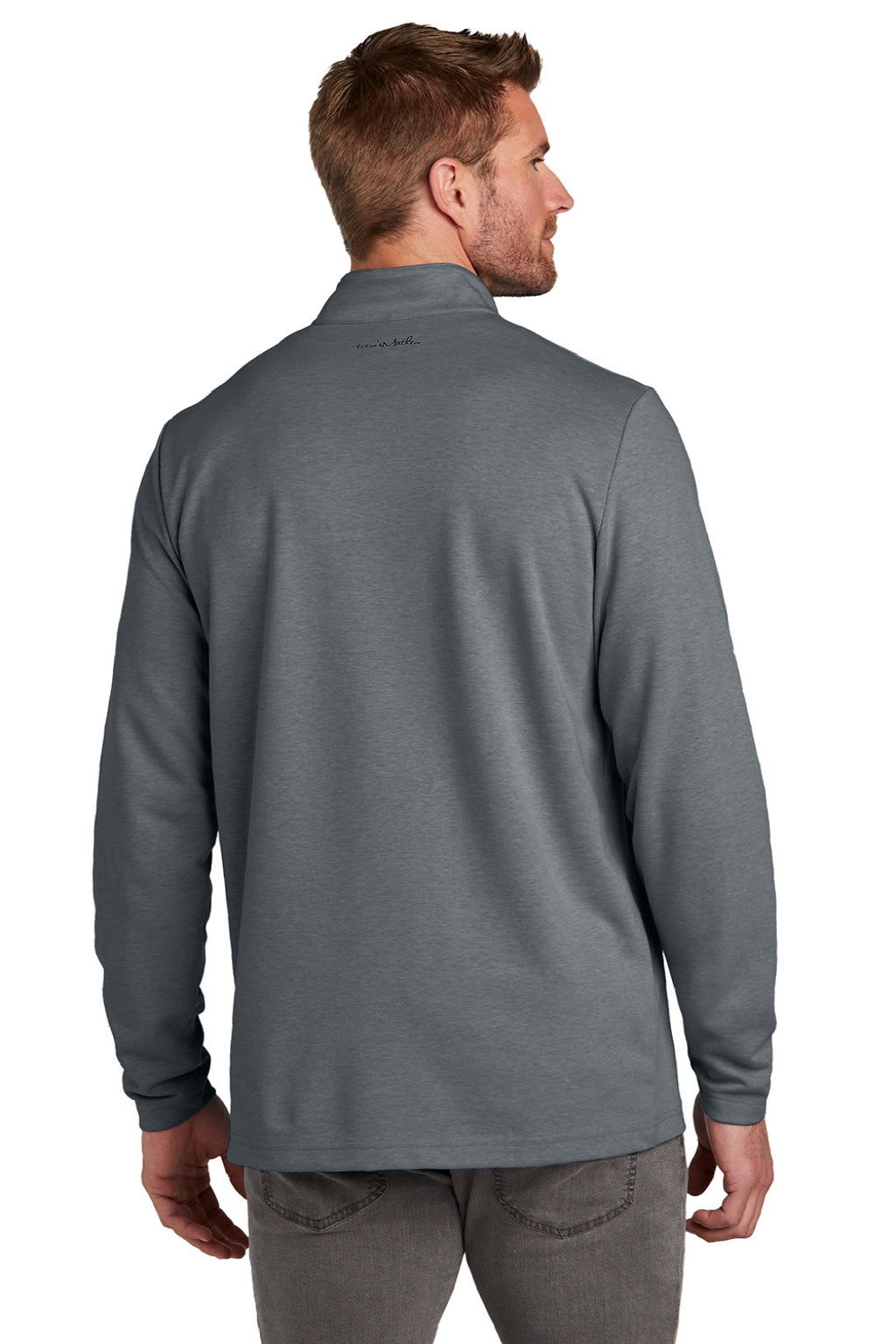 TravisMathew TM1MZ339 Mens Coveside Wrinkle Resistant 1/4 Zip Sweatshirt Heather Dark Grey Model Back