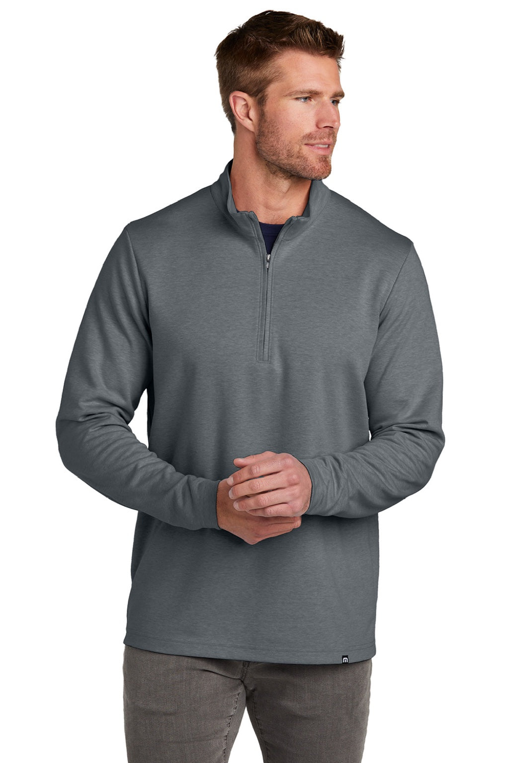 TravisMathew TM1MZ339 Mens Coveside Wrinkle Resistant 1/4 Zip Sweatshirt Heather Dark Grey Model Front