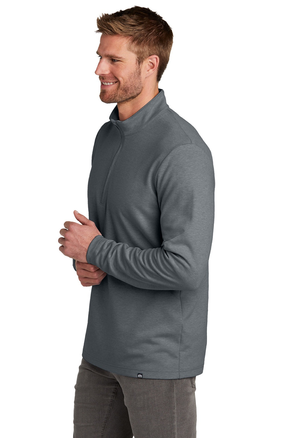 TravisMathew TM1MZ339 Mens Coveside Wrinkle Resistant 1/4 Zip Sweatshirt Heather Dark Grey Model Side