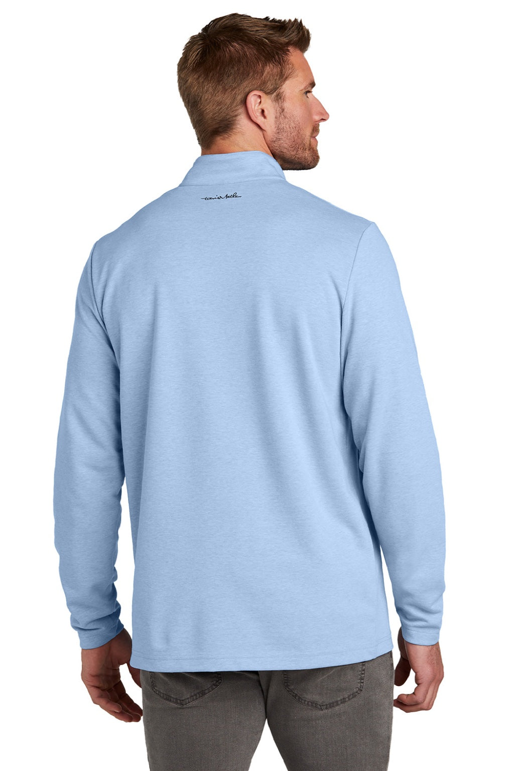 TravisMathew TM1MZ339 Mens Coveside Wrinkle Resistant 1/4 Zip Sweatshirt Heather Light Blue Model Back