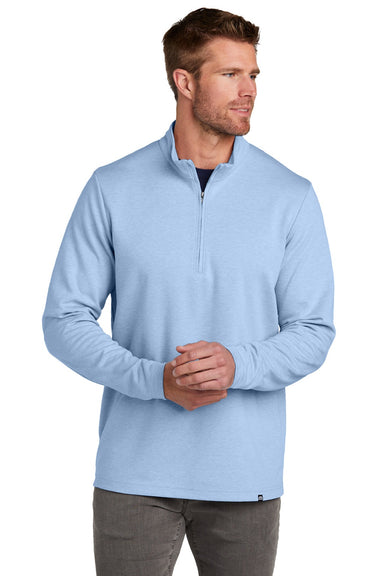 TravisMathew TM1MZ339 Mens Coveside Wrinkle Resistant 1/4 Zip Sweatshirt Heather Light Blue Model Front
