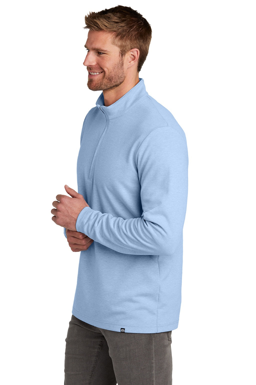 TravisMathew TM1MZ339 Mens Coveside Wrinkle Resistant 1/4 Zip Sweatshirt Heather Light Blue Model Side