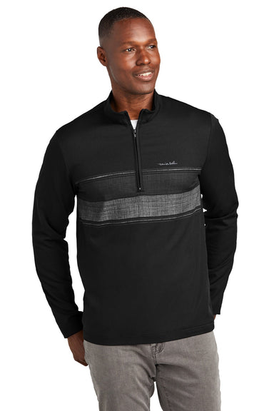 TravisMathew TM1MZ340 Mens Balboa Chest Stripe 1/4 Zip Sweatshirt w/ Pocket Black Model Front
