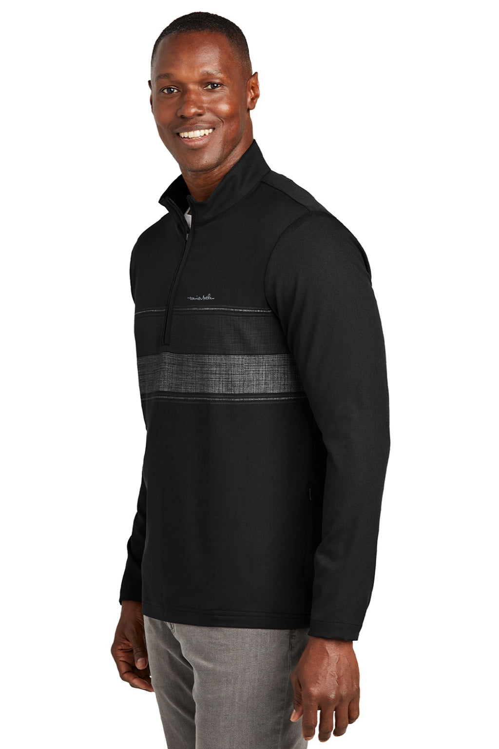 TravisMathew TM1MZ340 Mens Balboa Chest Stripe 1/4 Zip Sweatshirt w/ Pocket Black Model Side