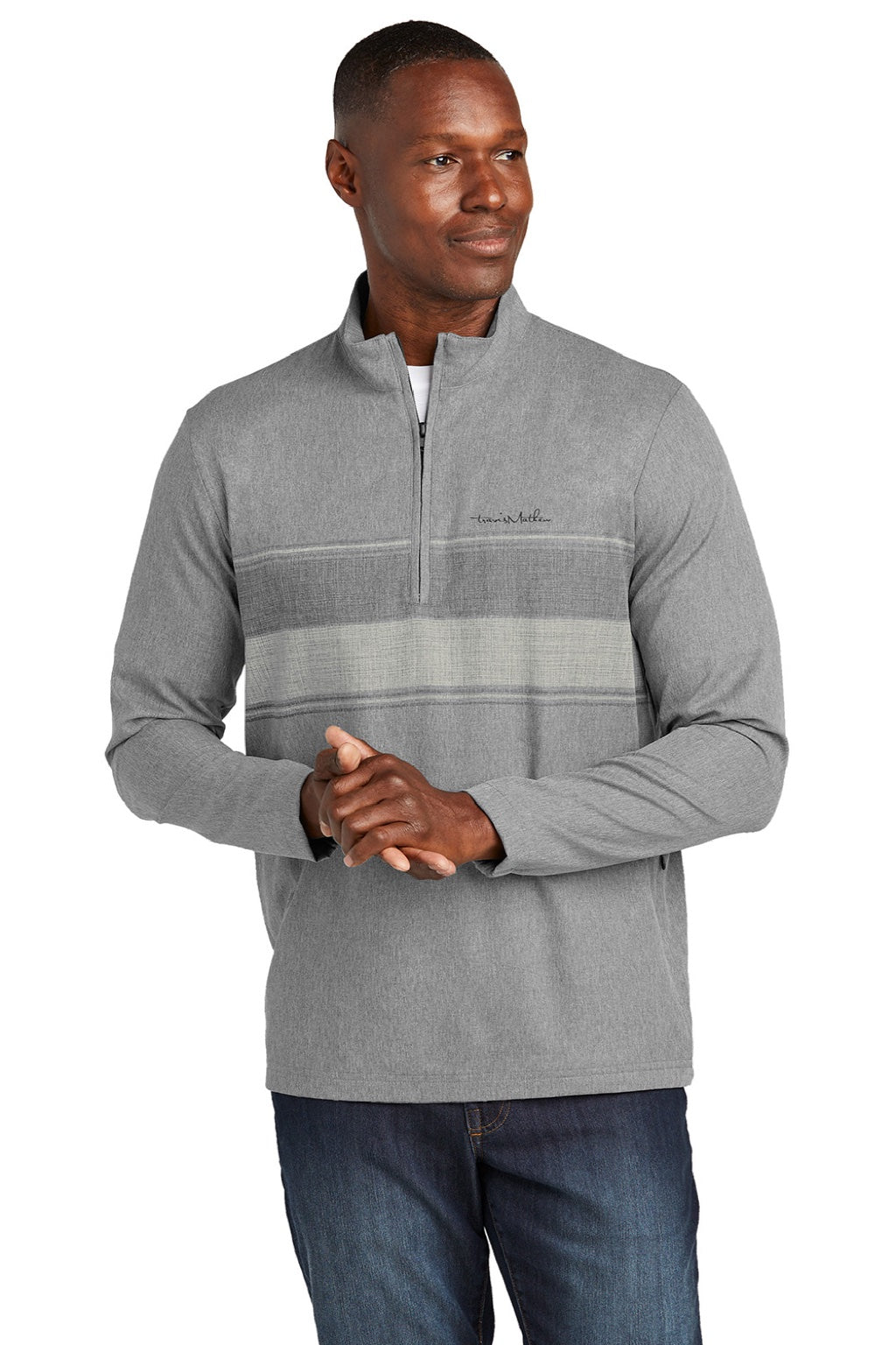 TravisMathew TM1MZ340 Mens Balboa Chest Stripe 1/4 Zip Sweatshirt w/ Pocket Heather Dark Grey Model Front
