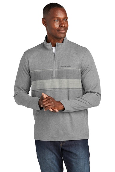 TravisMathew TM1MZ340 Mens Balboa Chest Stripe 1/4 Zip Sweatshirt w/ Pocket Heather Dark Grey Model Front