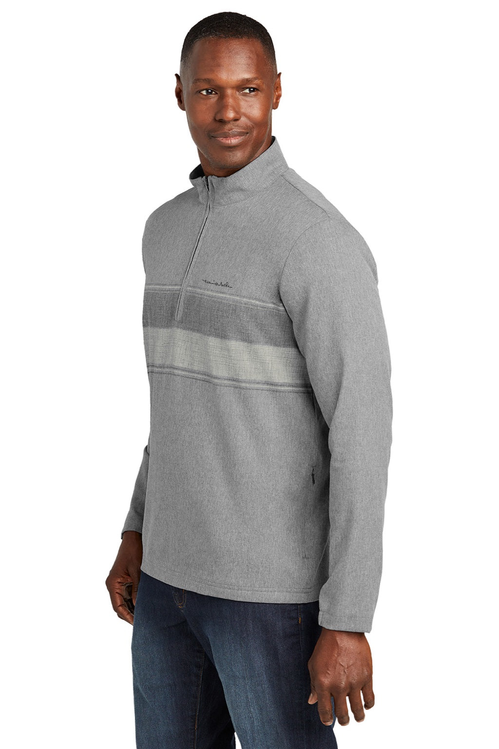 TravisMathew TM1MZ340 Mens Balboa Chest Stripe 1/4 Zip Sweatshirt w/ Pocket Heather Dark Grey Model Side