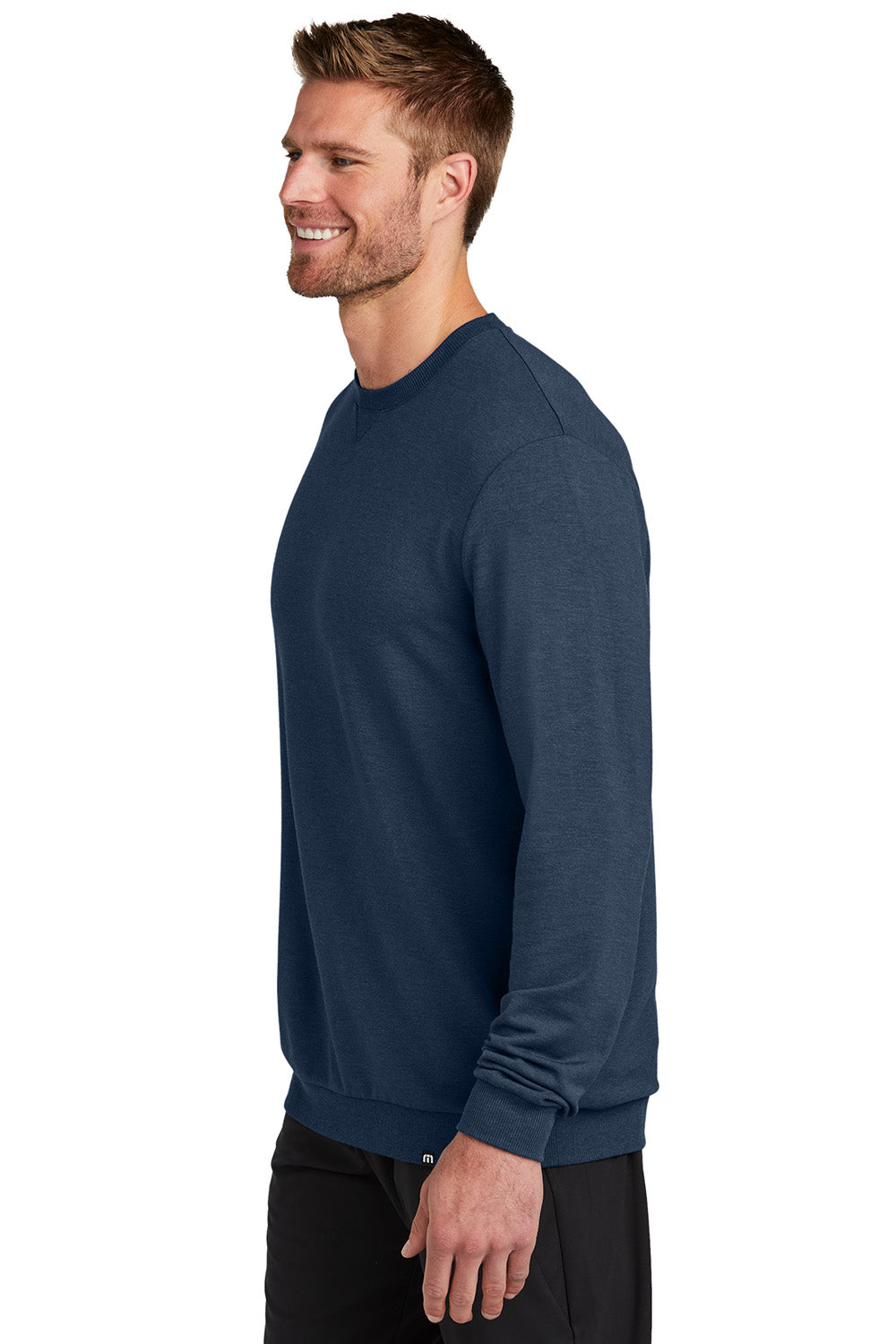 TravisMathew TM1MZ342 Mens Long Weekend Crewneck Sweatshirt Heather Night Blue Model Side