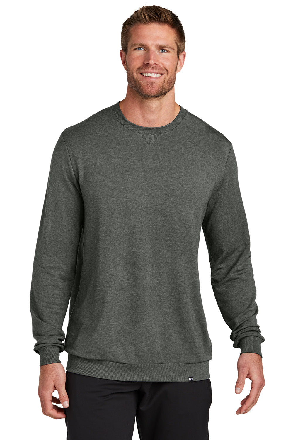 TravisMathew TM1MZ342 Mens Long Weekend Crewneck Sweatshirt Heather Dark Grey Model Front