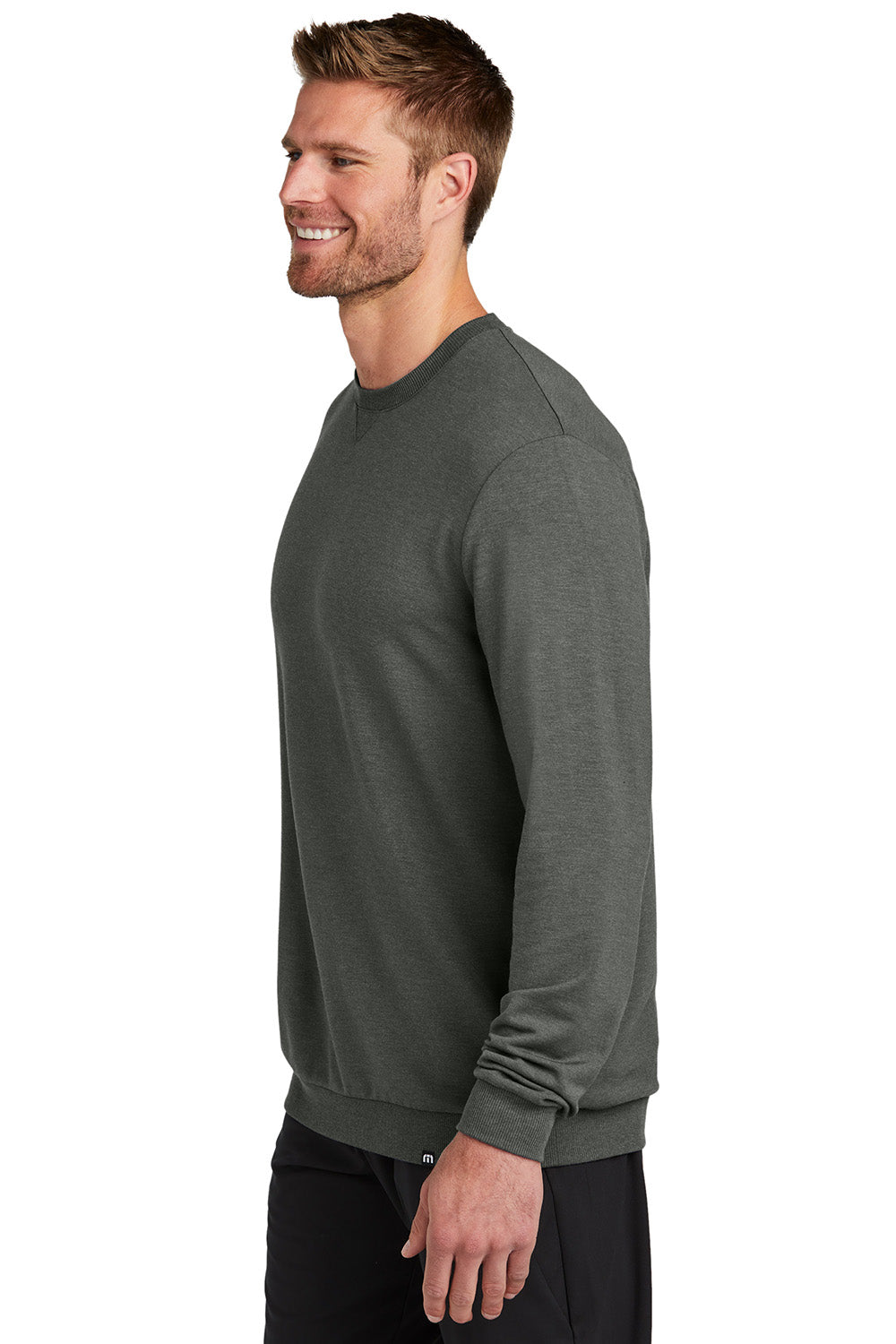 TravisMathew TM1MZ342 Mens Long Weekend Crewneck Sweatshirt Heather Dark Grey Model Side