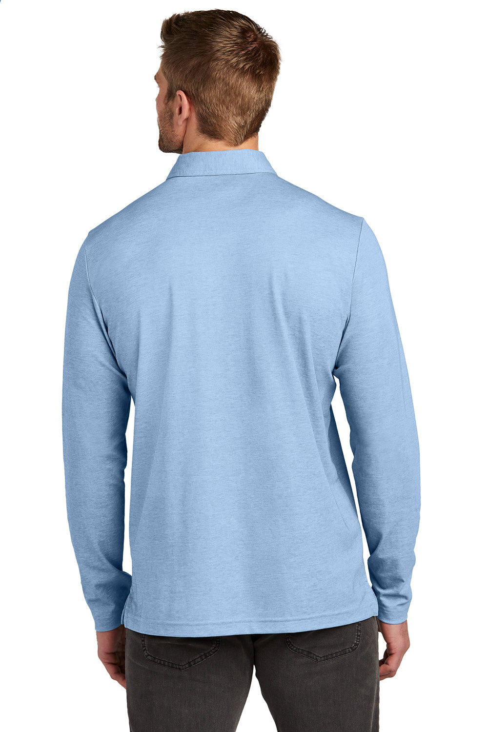 TravisMathew TM1MZ343 Mens Oceanside Moisture Wicking Long Sleeve Polo Shirt Heather Allure Blue Model Back