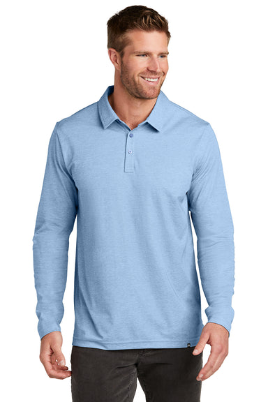 TravisMathew TM1MZ343 Mens Oceanside Moisture Wicking Long Sleeve Polo Shirt Heather Allure Blue Model Front