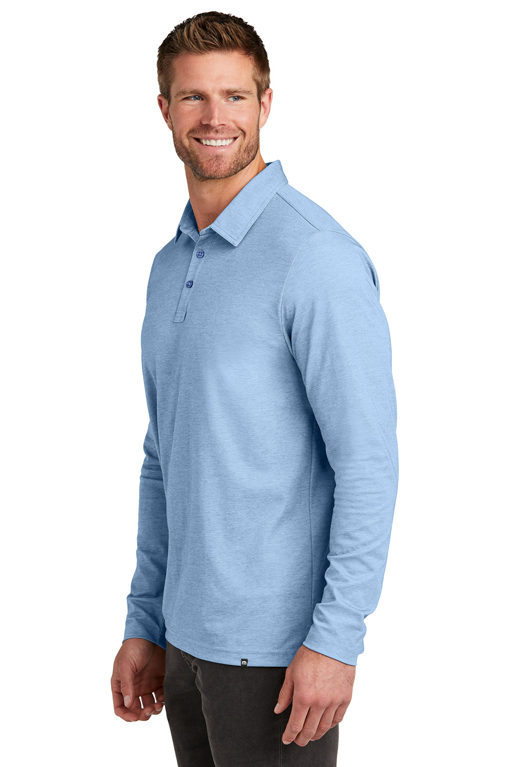 TravisMathew TM1MZ343 Mens Oceanside Moisture Wicking Long Sleeve Polo Shirt Heather Allure Blue Model Side