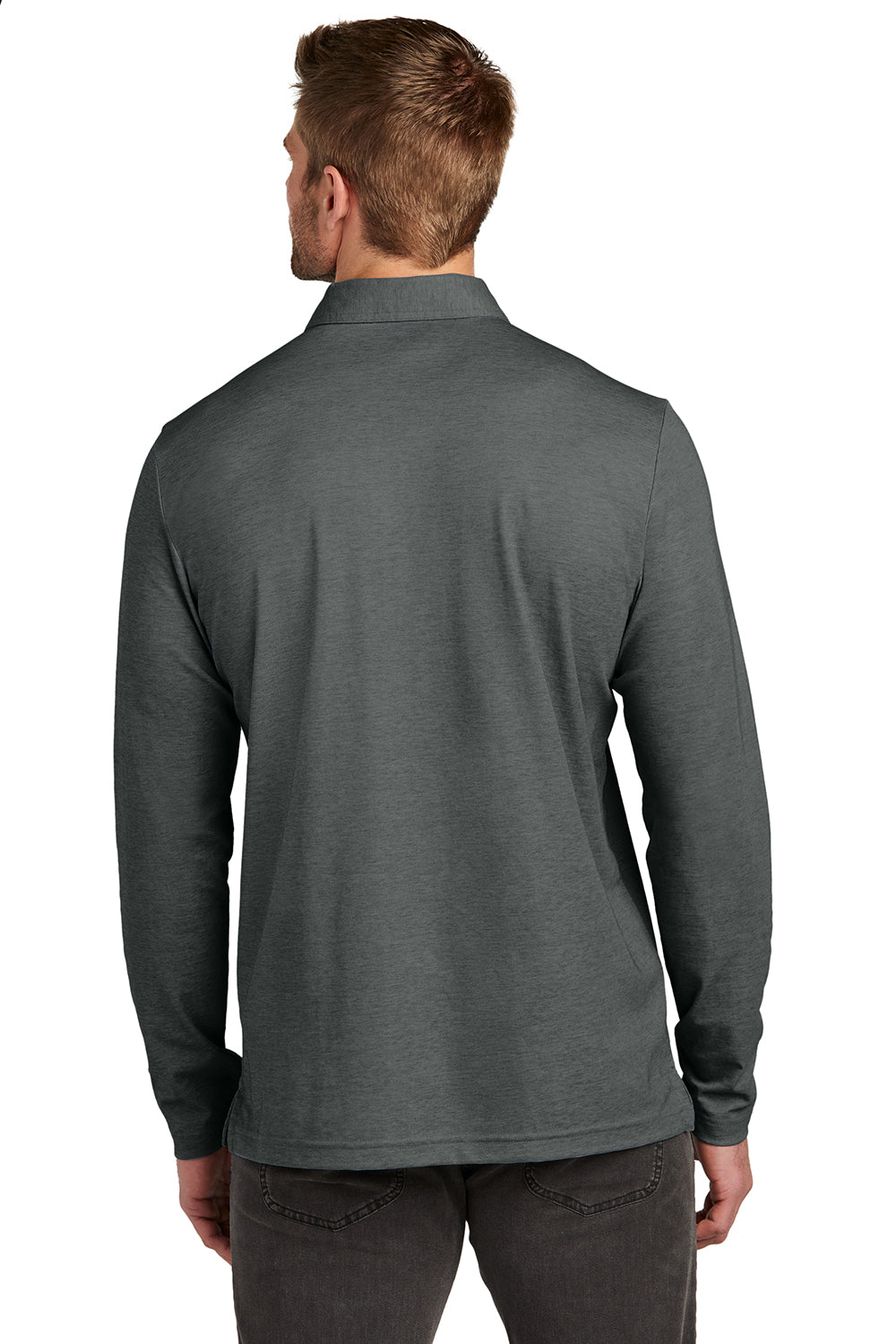 TravisMathew TM1MZ343 Mens Oceanside Moisture Wicking Long Sleeve Polo Shirt Heather Black Model Back