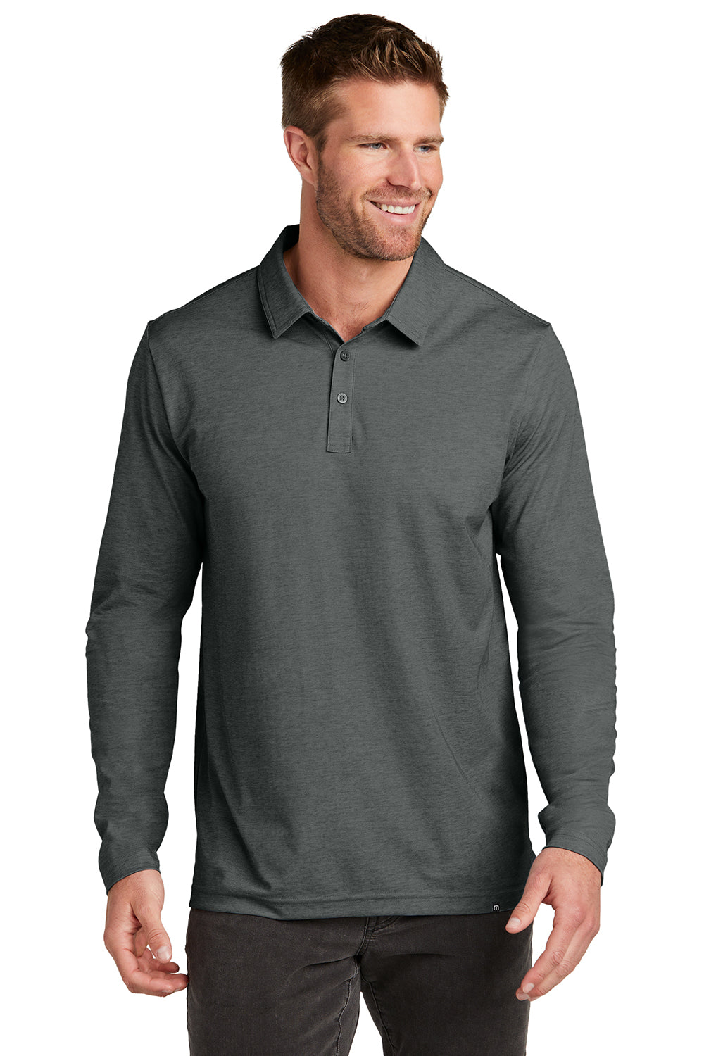 TravisMathew TM1MZ343 Mens Oceanside Moisture Wicking Long Sleeve Polo Shirt Heather Black Model Front