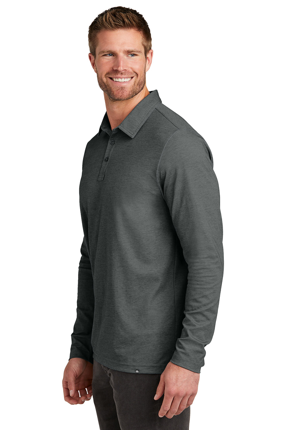 TravisMathew TM1MZ343 Mens Oceanside Moisture Wicking Long Sleeve Polo Shirt Heather Black Model Side