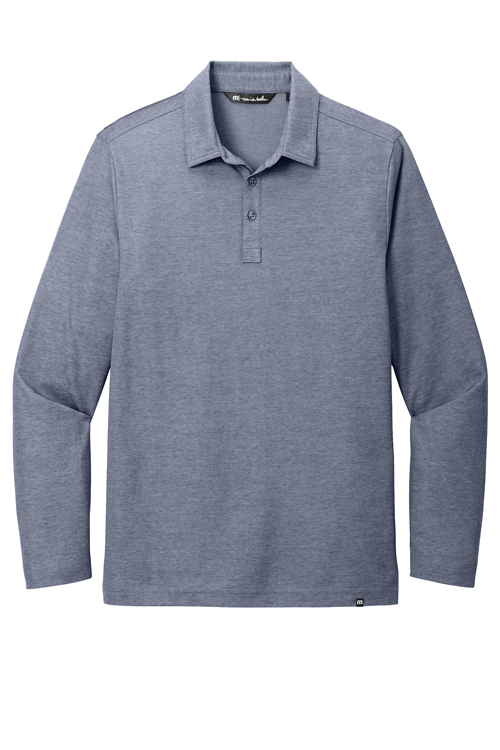 TravisMathew TM1MZ343 Mens Oceanside Moisture Wicking Long Sleeve Polo Shirt Heather Blue Nights Flat Front