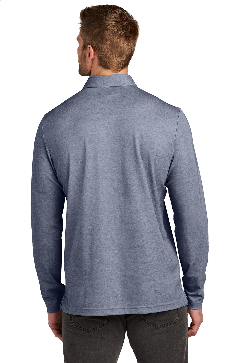 TravisMathew TM1MZ343 Mens Oceanside Moisture Wicking Long Sleeve Polo Shirt Heather Blue Nights Model Back