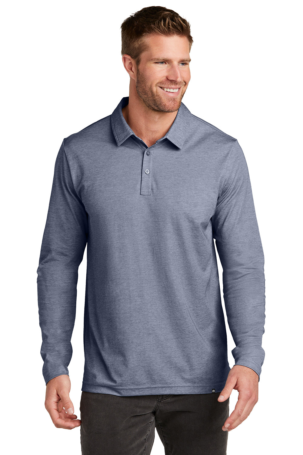 TravisMathew TM1MZ343 Mens Oceanside Moisture Wicking Long Sleeve Polo Shirt Heather Blue Nights Model Front
