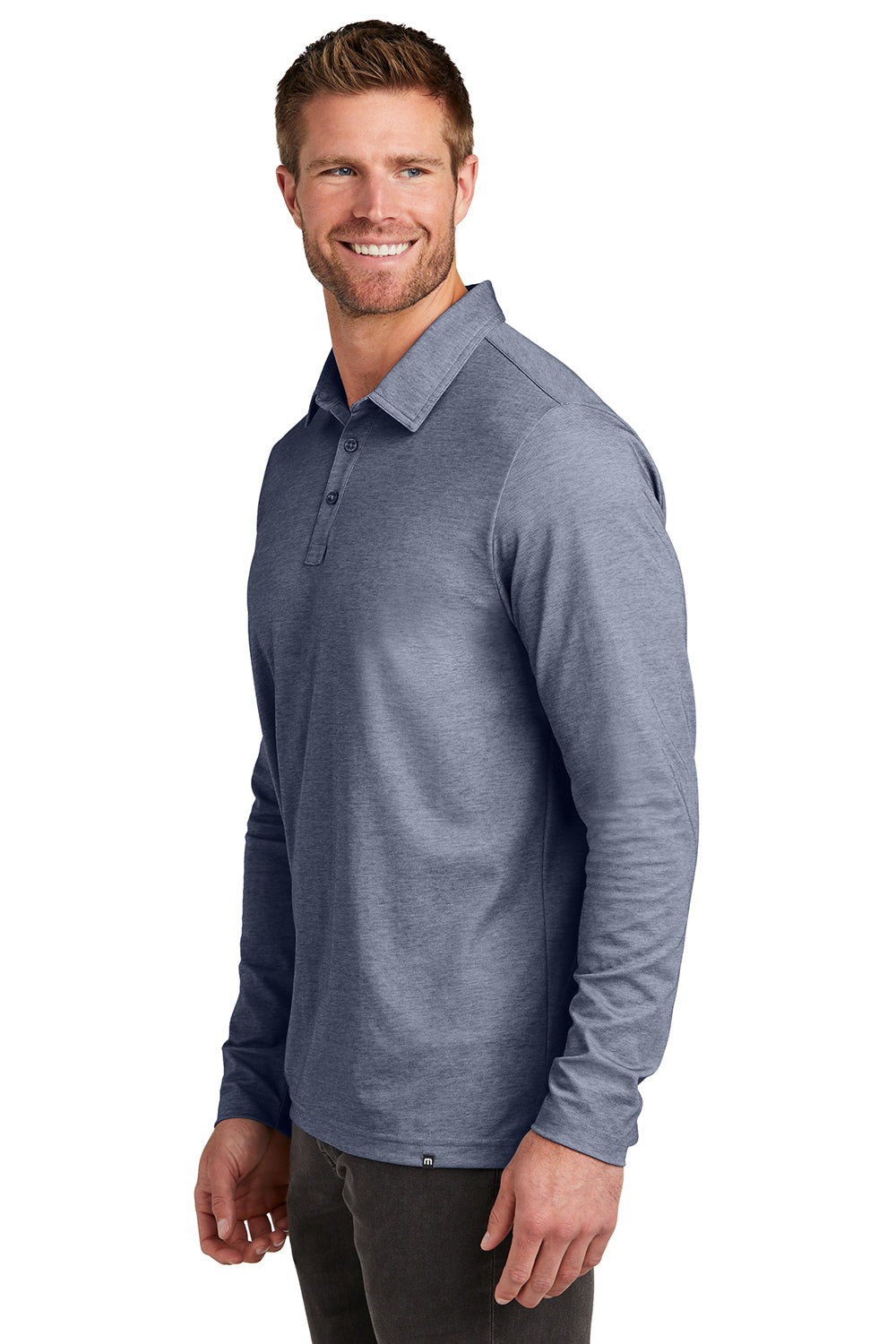 TravisMathew TM1MZ343 Mens Oceanside Moisture Wicking Long Sleeve Polo Shirt Heather Blue Nights Model Side