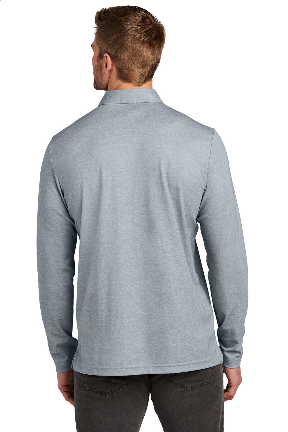TravisMathew TM1MZ343 Mens Oceanside Moisture Wicking Long Sleeve Polo Shirt Heather Quiet Shade Grey Model Back