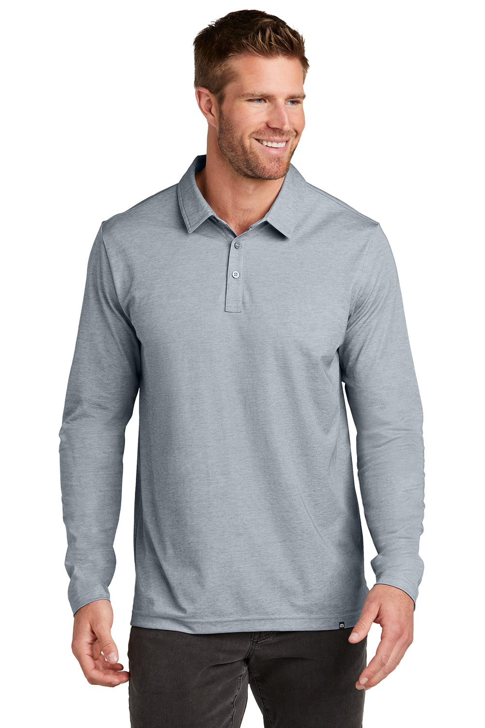 TravisMathew TM1MZ343 Mens Oceanside Moisture Wicking Long Sleeve Polo Shirt Heather Quiet Shade Grey Model Front