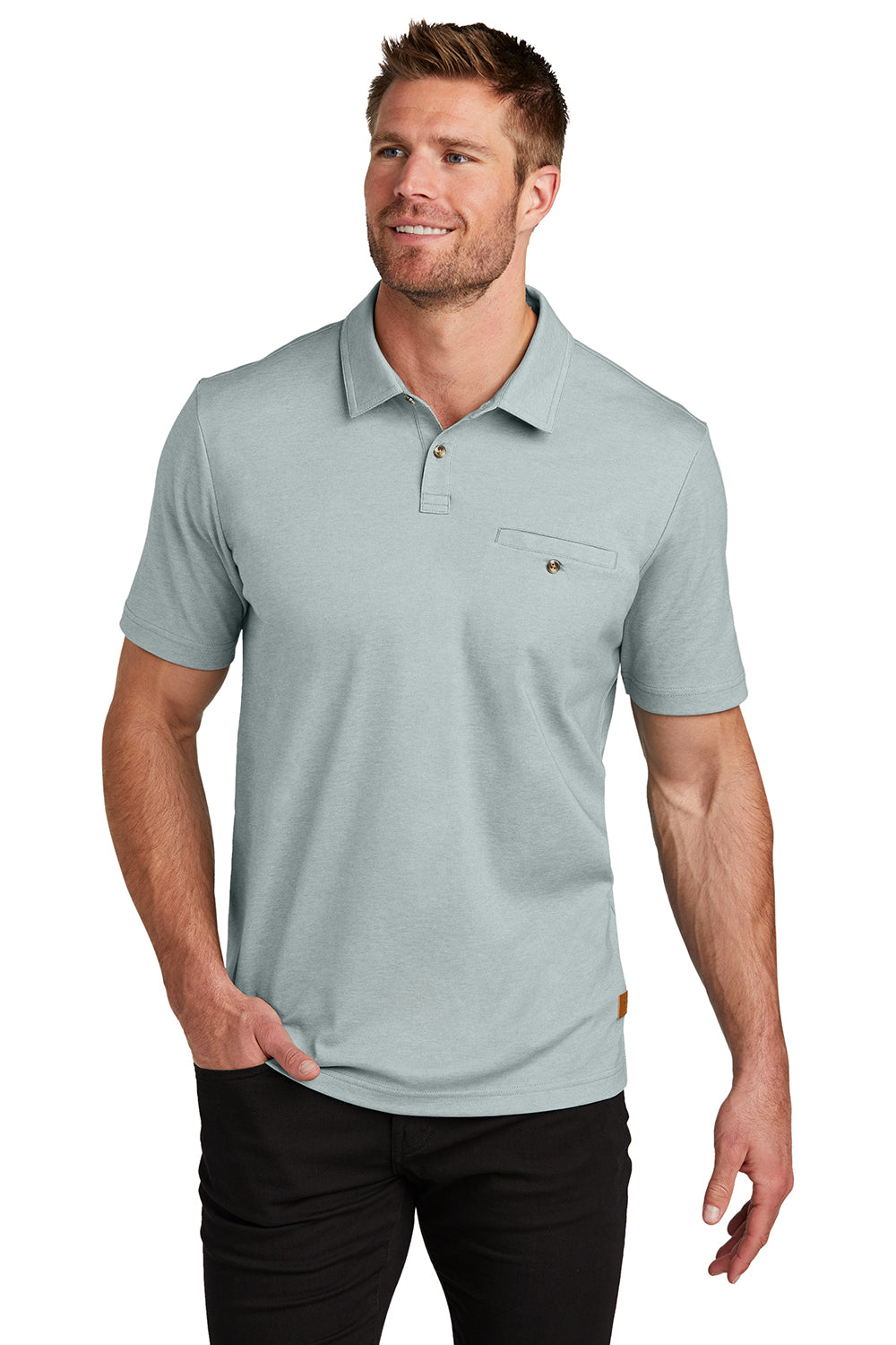 TravisMathew TM1MZ344 Mens Sunsetters Moisture Wicking Short Sleeve Polo Shirt w/ Pocket Heather Balsam Green Model Front