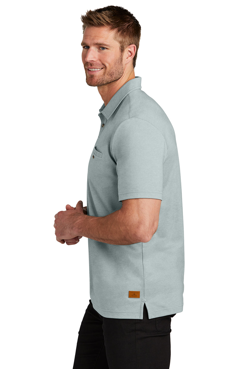 TravisMathew TM1MZ344 Mens Sunsetters Moisture Wicking Short Sleeve Polo Shirt w/ Pocket Heather Balsam Green Model Side