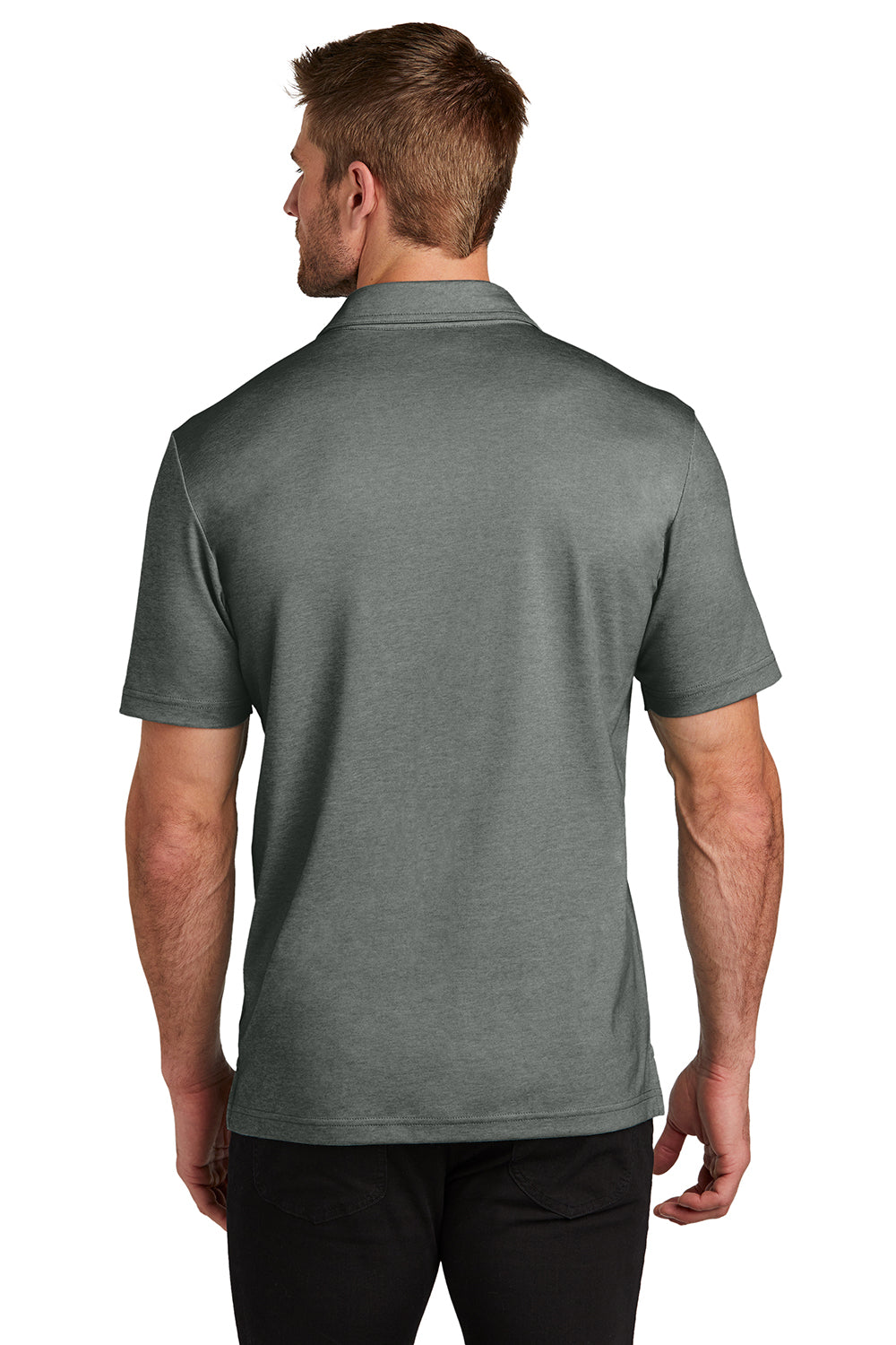 TravisMathew TM1MZ344 Mens Sunsetters Moisture Wicking Short Sleeve Polo Shirt w/ Pocket Heather Black Model Back