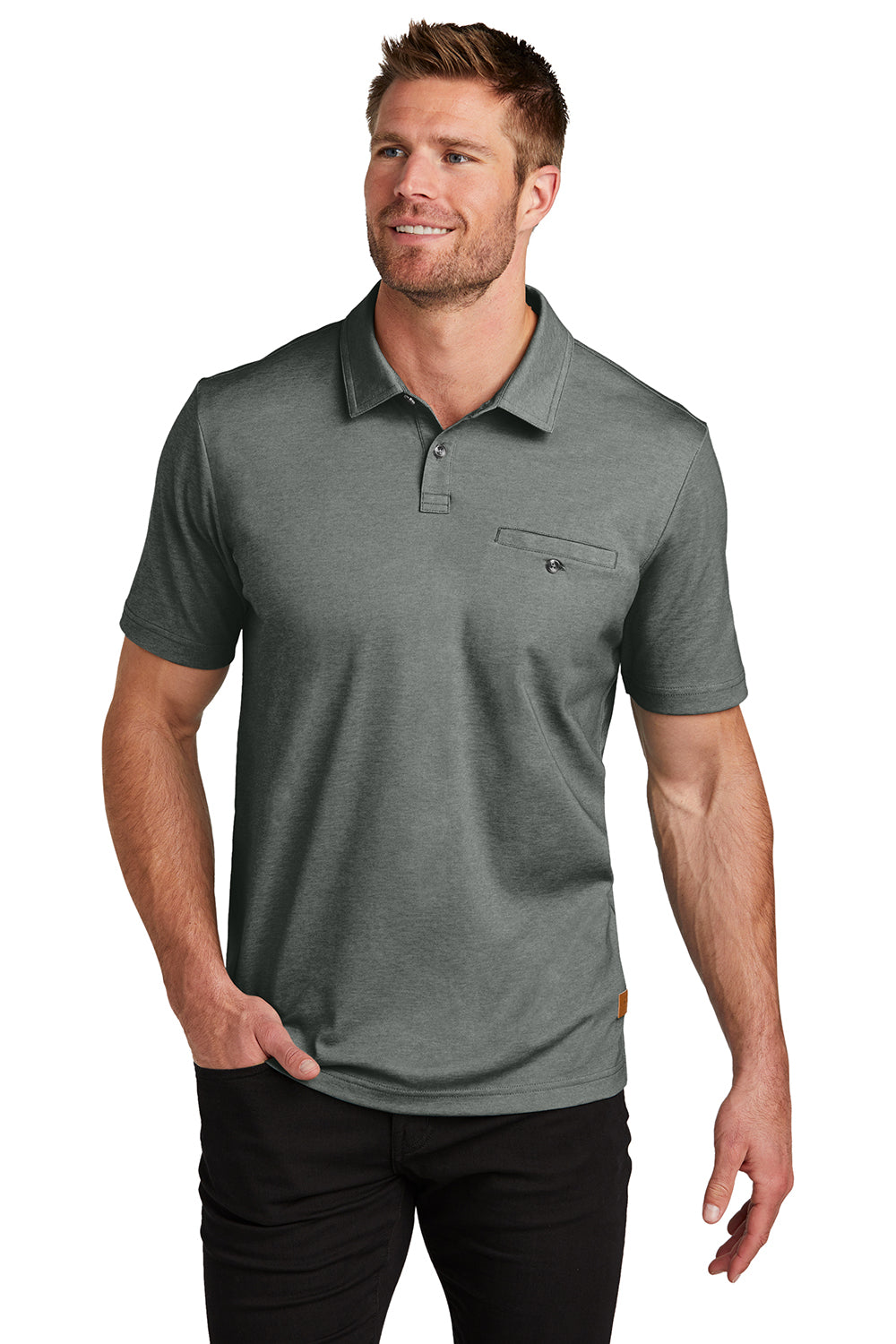 TravisMathew TM1MZ344 Mens Sunsetters Moisture Wicking Short Sleeve Polo Shirt w/ Pocket Heather Black Model Front