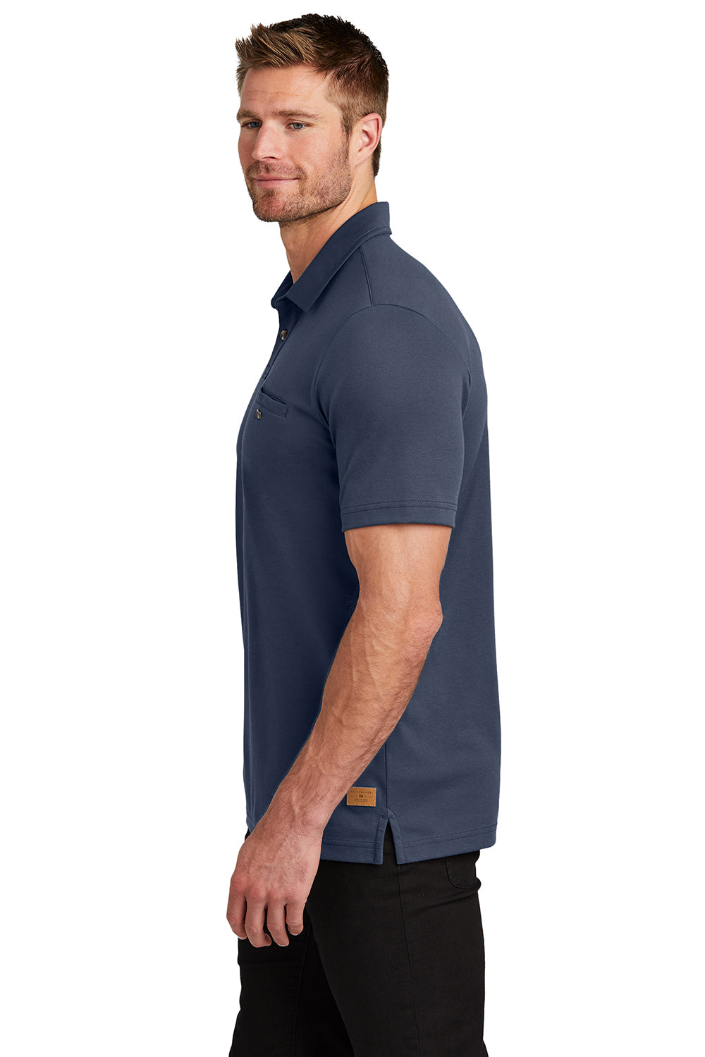 TravisMathew TM1MZ344 Mens Sunsetters Moisture Wicking Short Sleeve Polo Shirt w/ Pocket Blue Nights Model Side