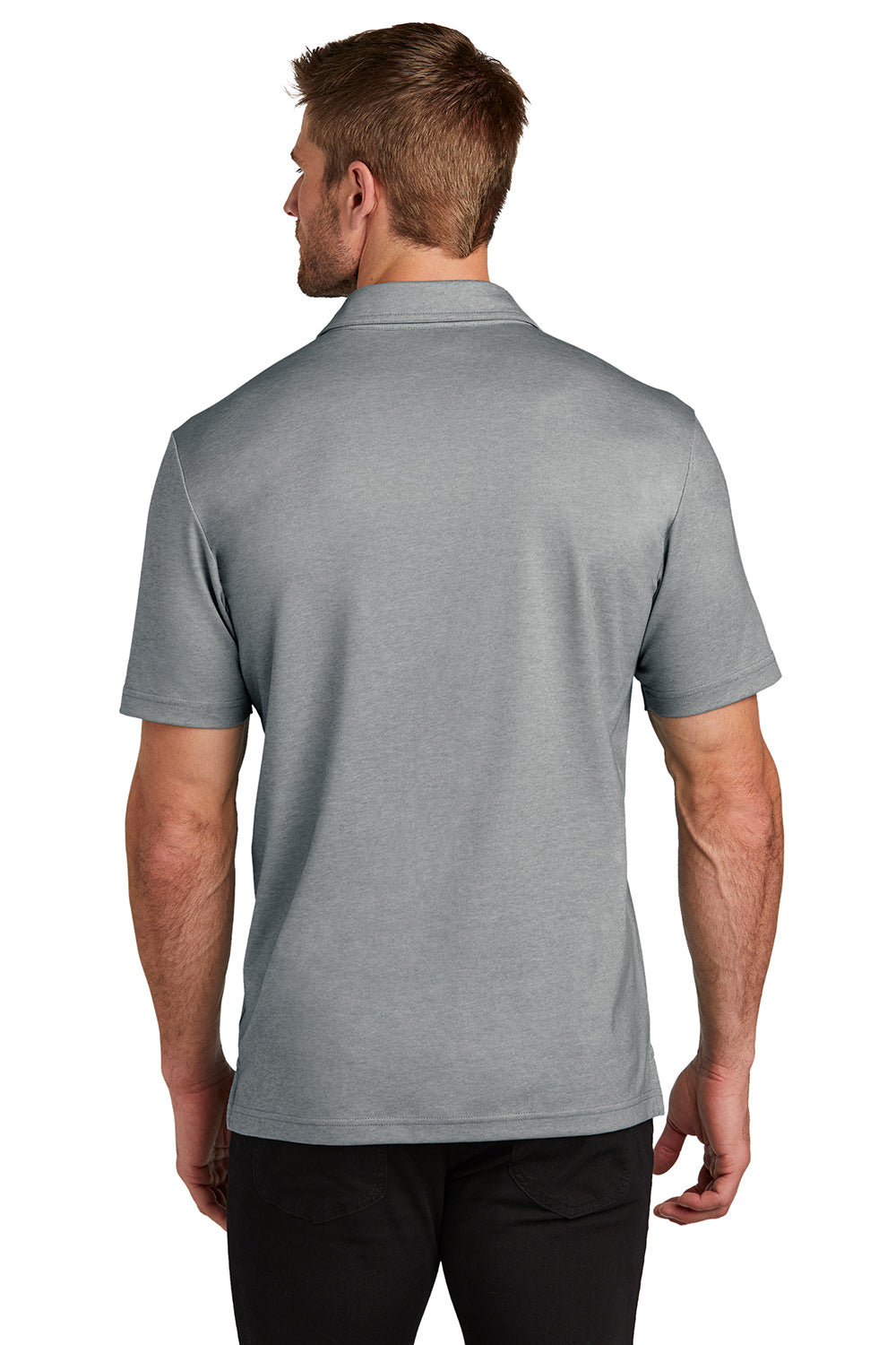 TravisMathew TM1MZ344 Mens Sunsetters Moisture Wicking Short Sleeve Polo Shirt w/ Pocket Heather Grey Model Back