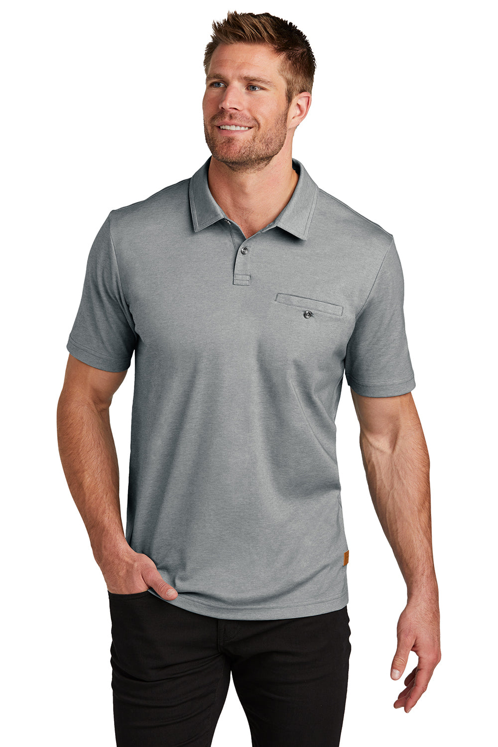 TravisMathew TM1MZ344 Mens Sunsetters Moisture Wicking Short Sleeve Polo Shirt w/ Pocket Heather Grey Model Front