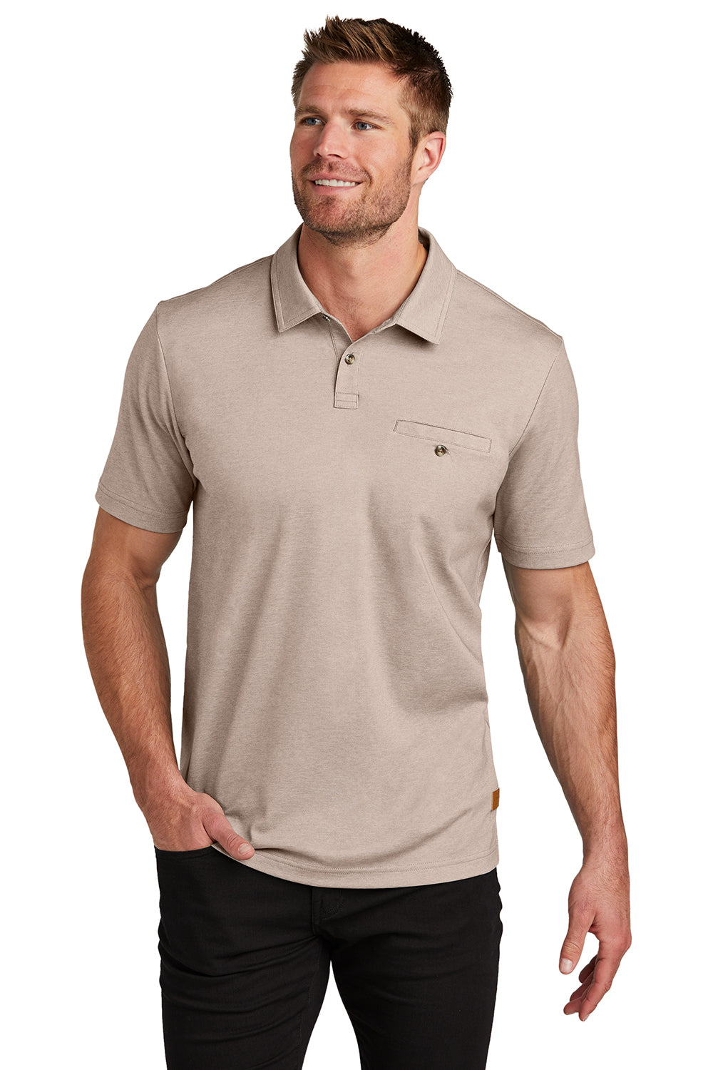 TravisMathew TM1MZ344 Mens Sunsetters Moisture Wicking Short Sleeve Polo Shirt w/ Pocket Heather Portabella Model Front