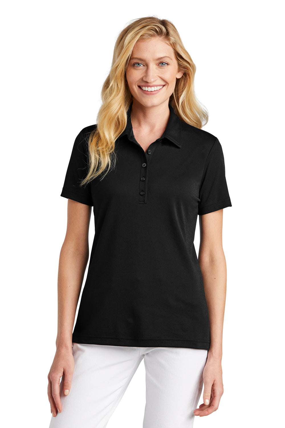 TravisMathew TM1WW001 Womens Oceanside Wrinkle Resistant Short Sleeve Polo Shirt Black Model Front