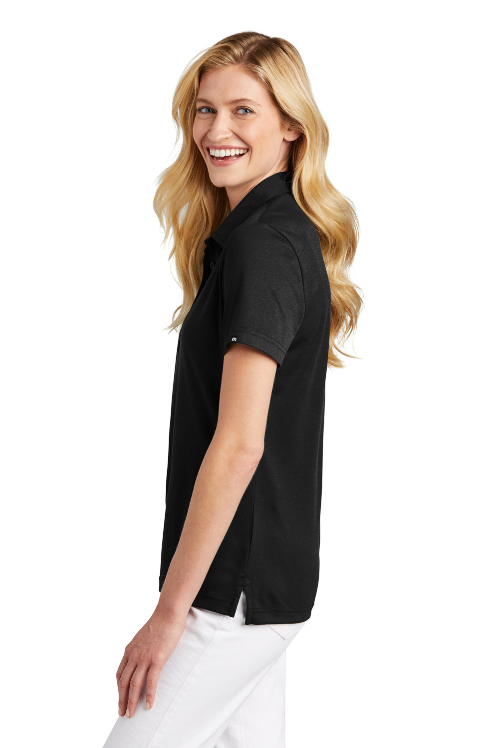 TravisMathew TM1WW001 Womens Oceanside Wrinkle Resistant Short Sleeve Polo Shirt Black Model Side