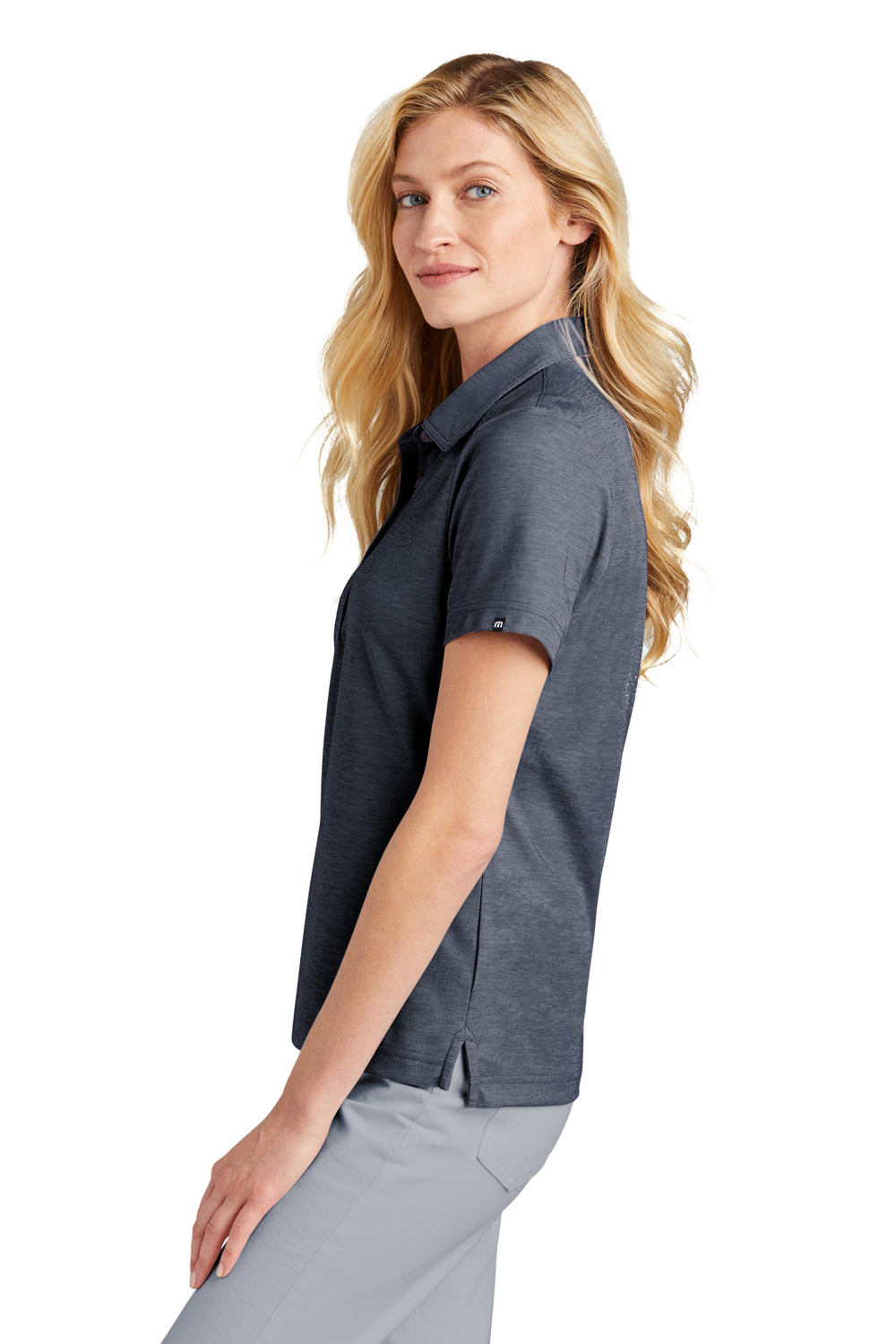 TravisMathew TM1WW002 Womens Oceanside Moisture Wicking Short Sleeve Polo Shirt Heather Blue Nights Model Side