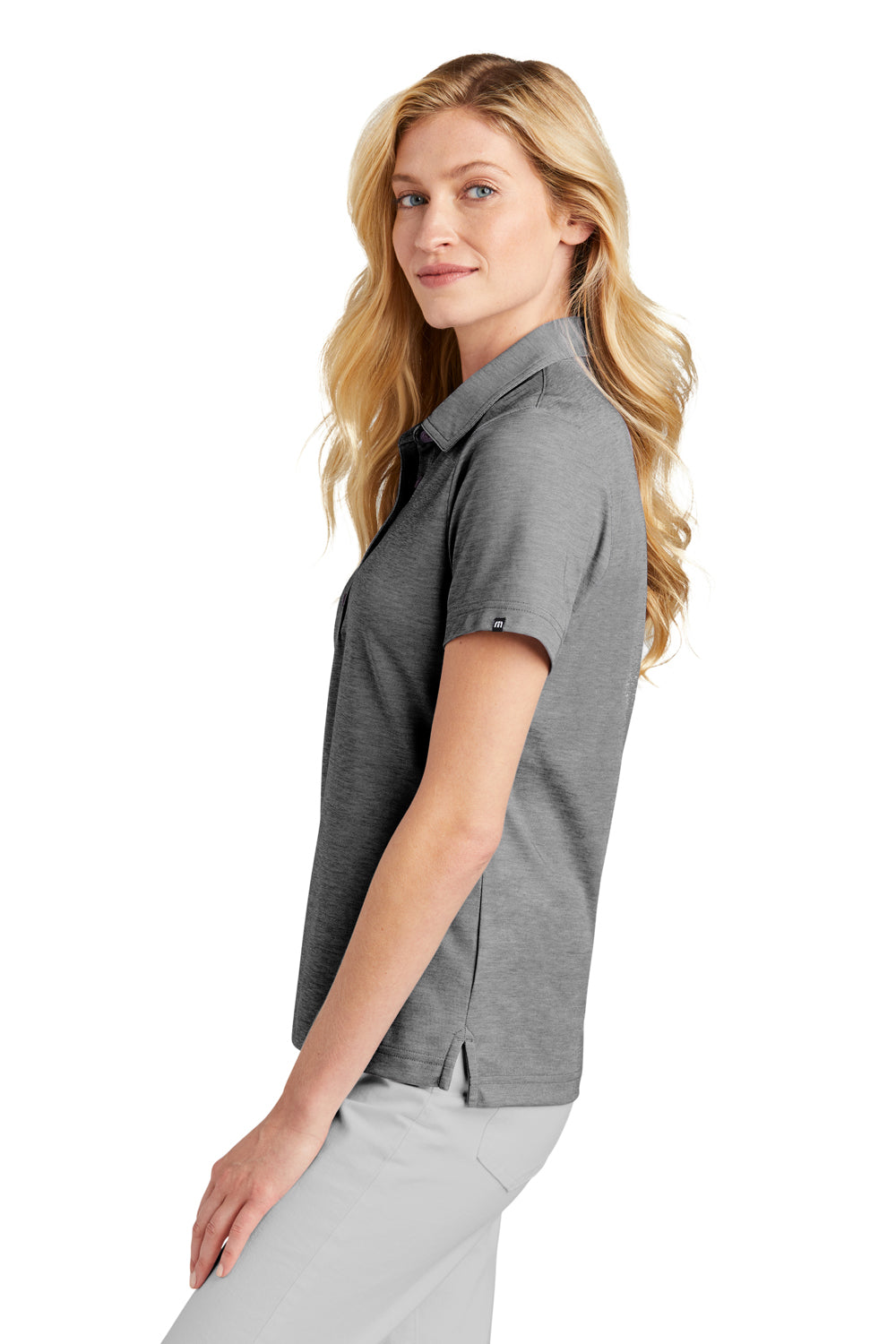 TravisMathew TM1WW002 Womens Oceanside Moisture Wicking Short Sleeve Polo Shirt Heather Quiet Shade Grey Model Side
