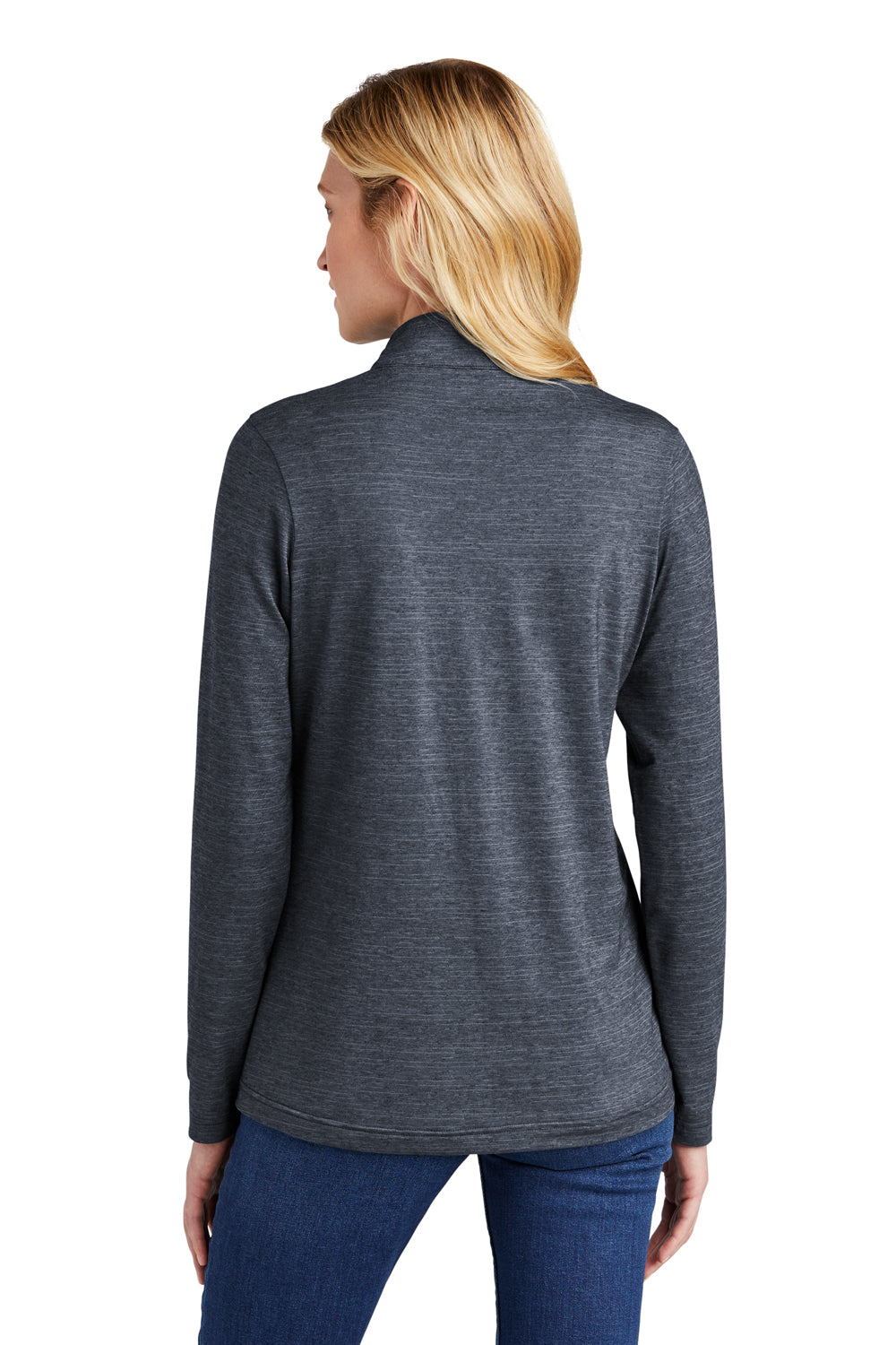 TravisMathew TM1WW003 Womens Crestview 1/4 Zip Sweatshirt Heather Vintage Indigo Blue Model Back
