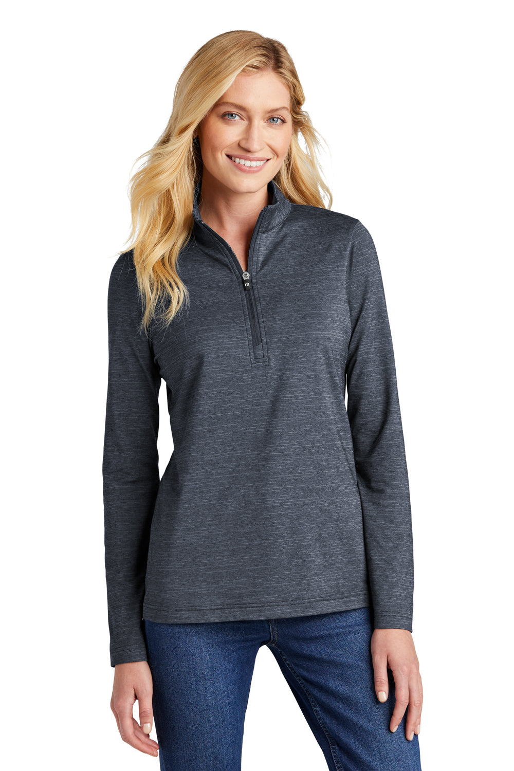 TravisMathew TM1WW003 Womens Crestview 1/4 Zip Sweatshirt Heather Vintage Indigo Blue Model Front