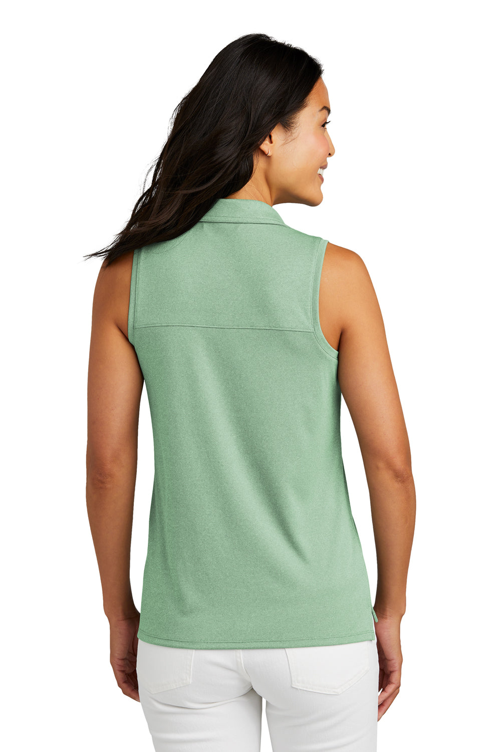 TravisMathew TM1WX001 Womens Coto Performance Wrinkle Resistant Sleeveless Polo Shirt Heather Beryl Green Model Back