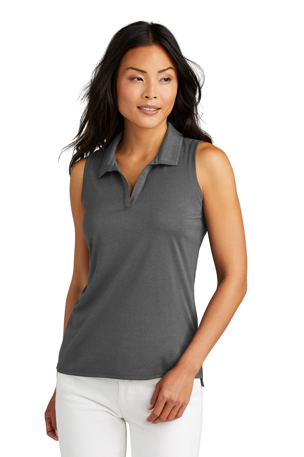 TravisMathew TM1WX001 Womens Coto Performance Wrinkle Resistant Sleeveless Polo Shirt Quiet Shade Grey/Black Model Front