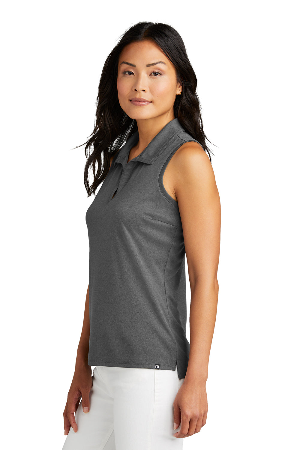 TravisMathew TM1WX001 Womens Coto Performance Wrinkle Resistant Sleeveless Polo Shirt Quiet Shade Grey/Black Model Side