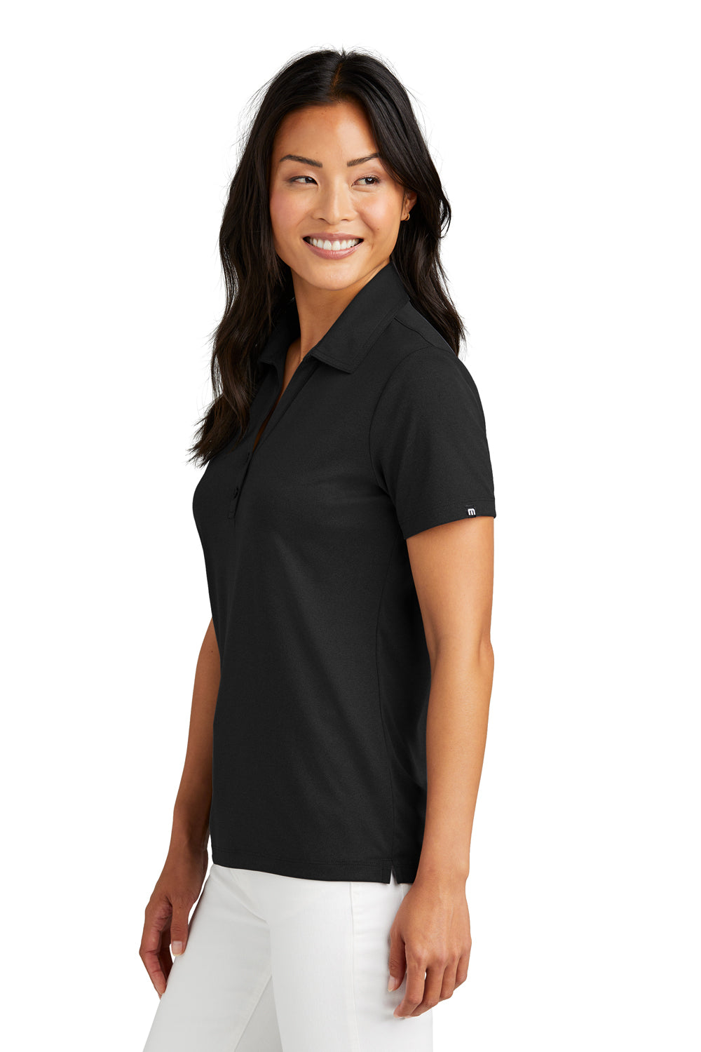 TravisMathew TM1WX002 Womens Coto Performance Wrinkle Resistant Short Sleeve Polo Shirt Black Model Side